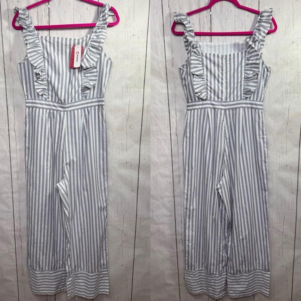 PatPat Gray White Striped Ruffle Jumpsuit Size M Cotton Coastal Preppy Resort
